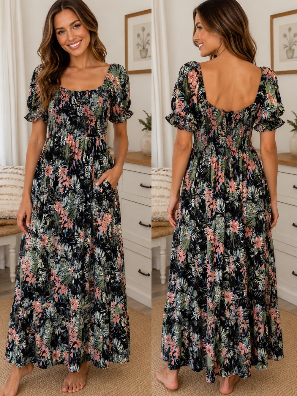 Vibe Tropical Smocked Maxi Dress in Black with Blue & Green Print Sz 3X‎ NWT
